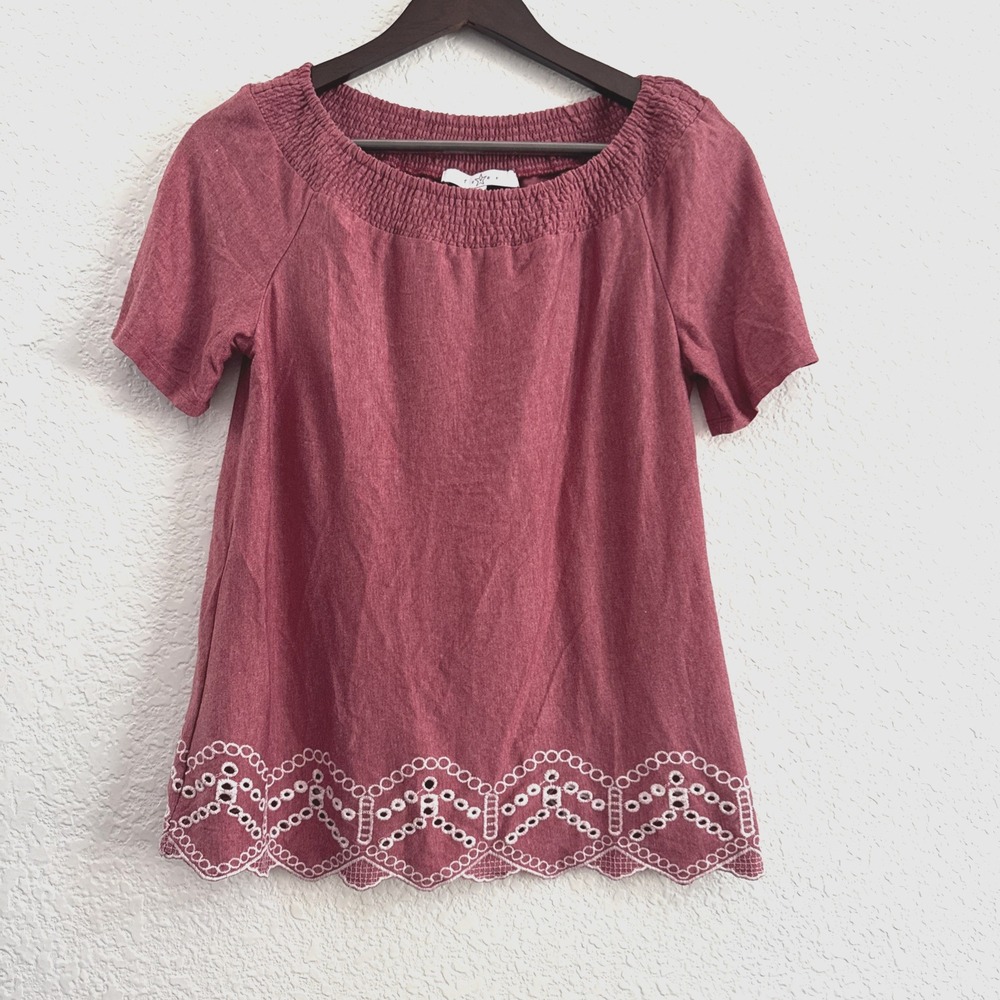 Fever Women's Blouse Embroidered Eyelet Trim Red Size XS